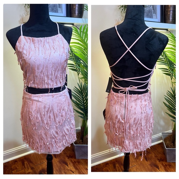 Lulu’s Making Magic Blush Pink Fringe Lace-Up Two-Piece Open Back Top & Skirt M - Picture 2 of 11